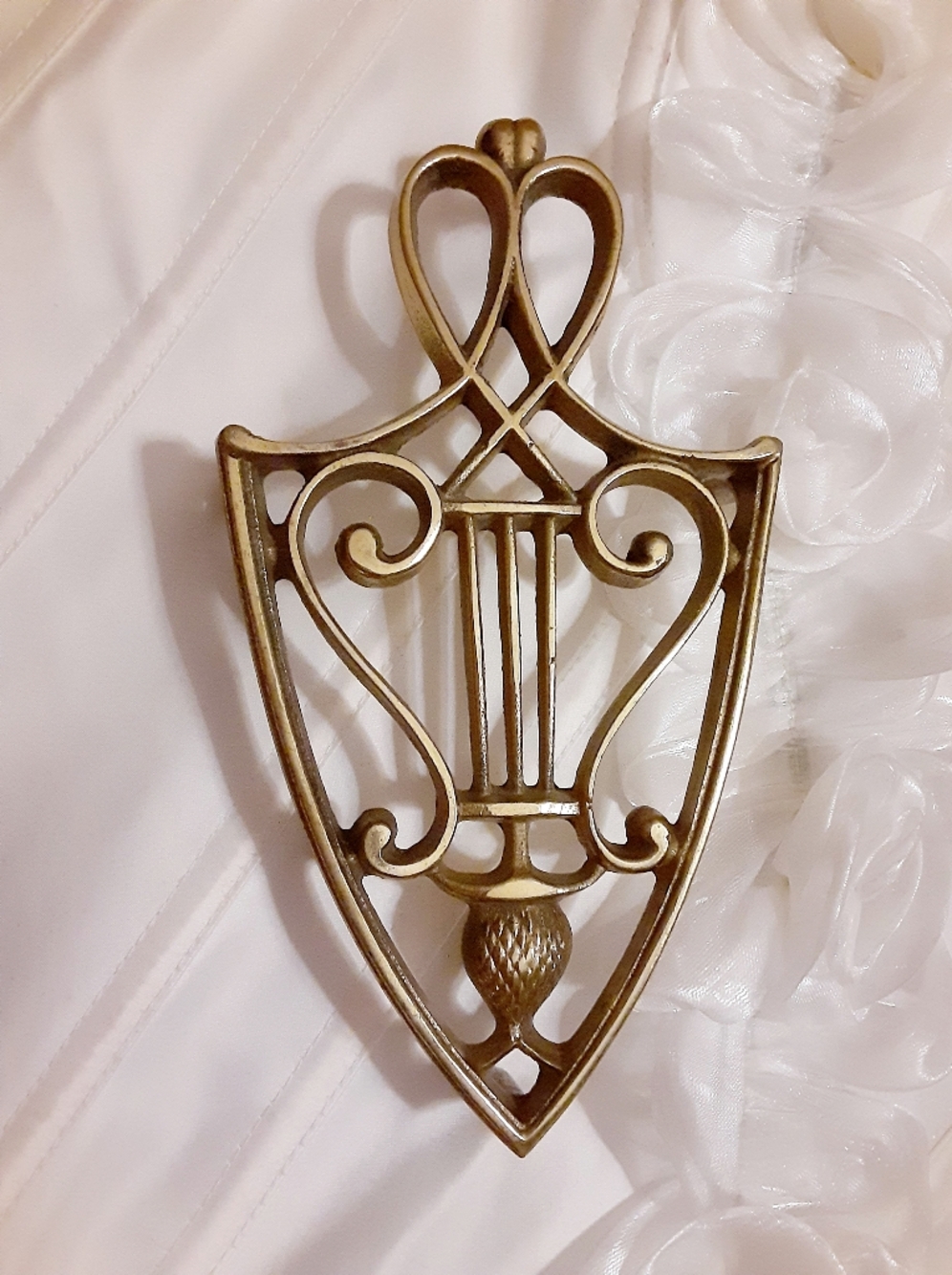 Antique Brass Trivet Lyre and Pineapple